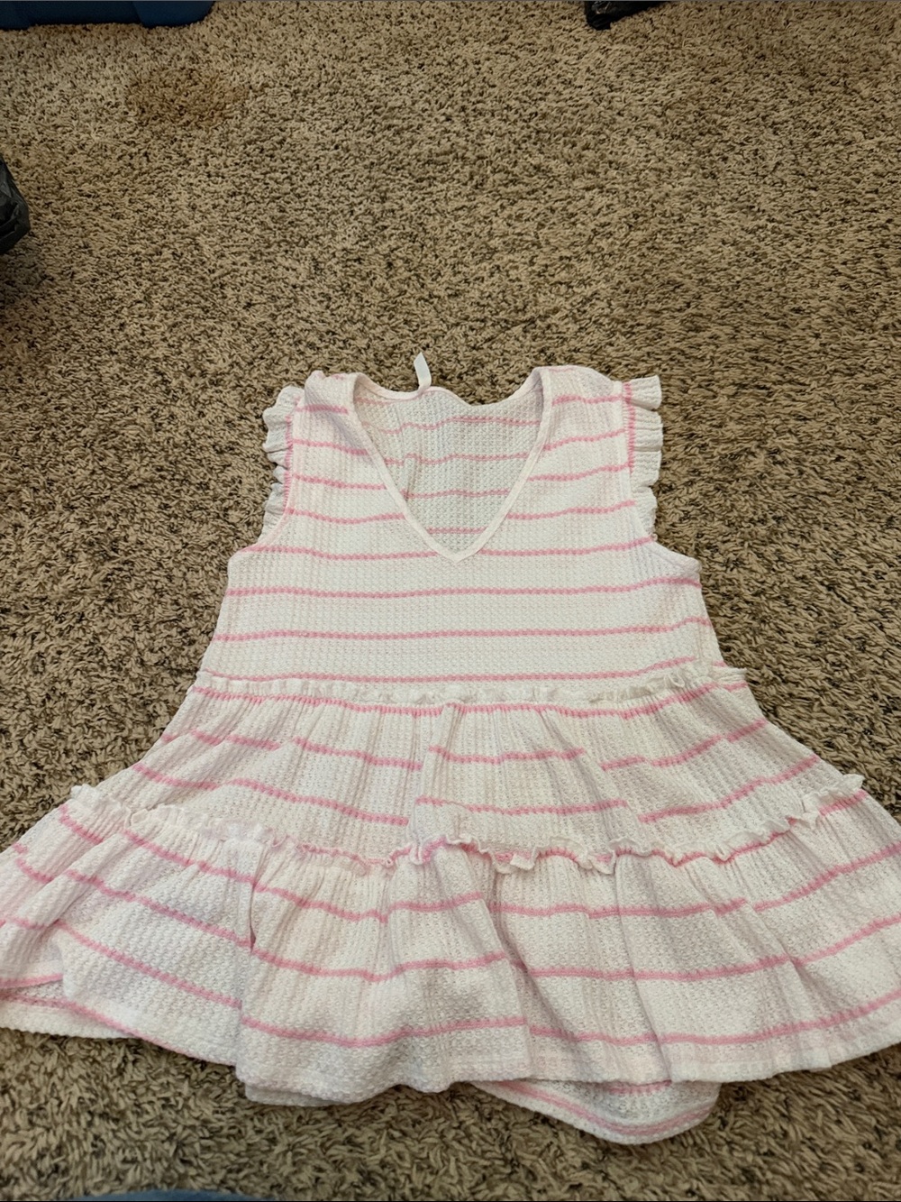 Altar'd State White and Light Pink Striped Ruffle Peplum Tank
